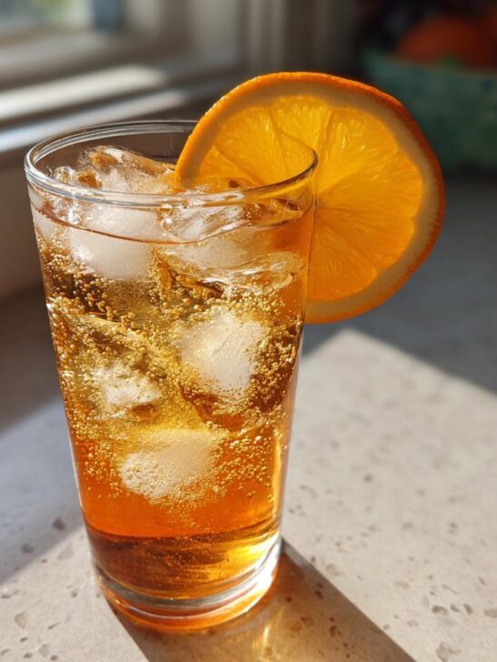 A tall glass filled with ice and a bubbly, amber-colored Citrus Honey Mocktail, garnished with a bright orange wheel.