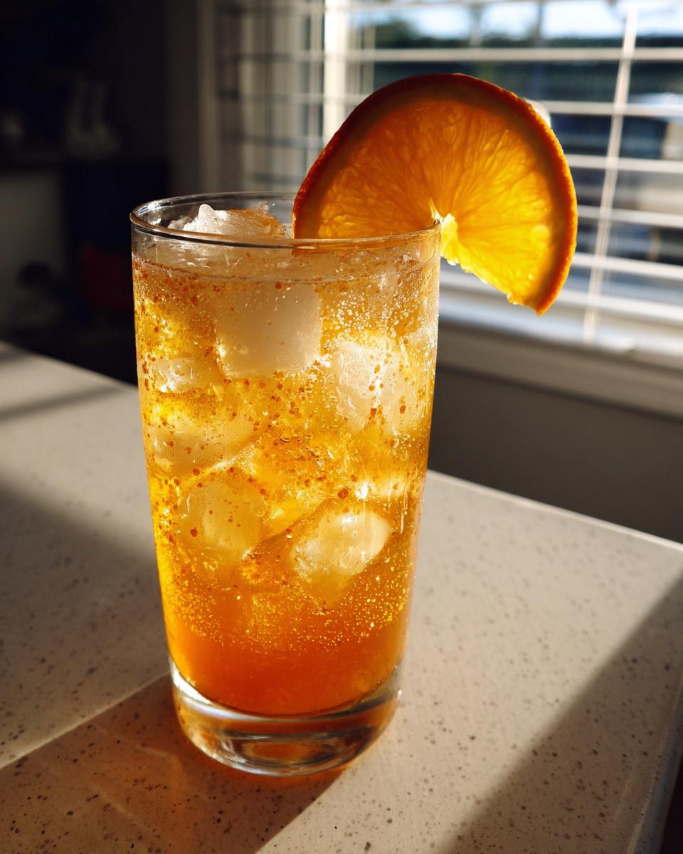 A tall glass filled with an icy, bubbly Citrus Honey Mocktail, garnished with a bright orange slice.