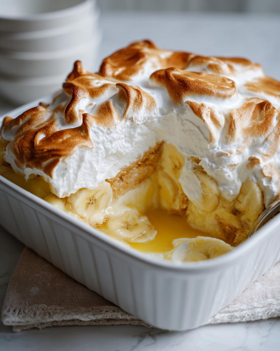 Close-up of Classic Southern Banana Pudding in a white dish, showing layers of banana, custard, and toasted meringue topping.