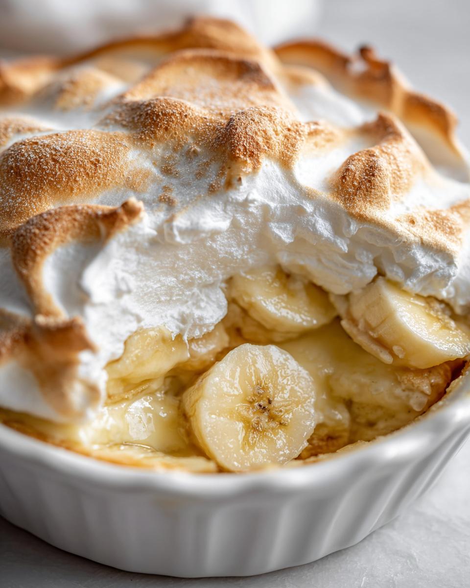 A close-up view of Classic Southern Banana Pudding topped with toasted meringue and visible banana slices in a white ramekin.