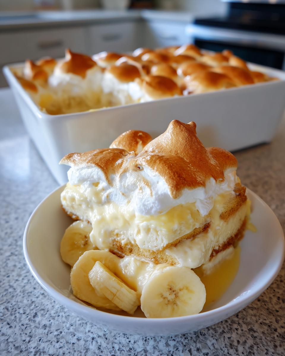 A serving of Classic Southern Banana Pudding topped with toasted meringue and fresh banana slices.