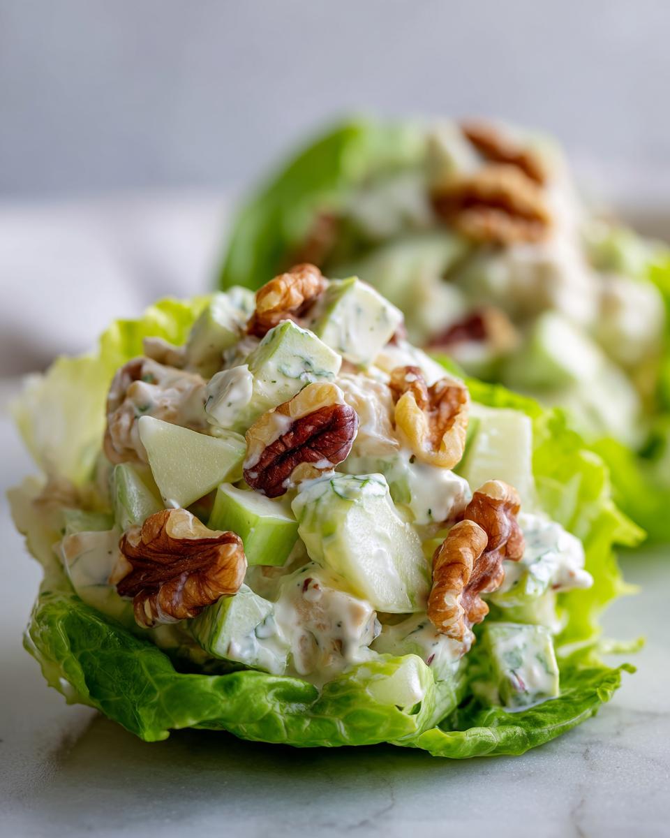 Close-up of Classic Waldorf Salad mixture with apples and walnuts served in a crisp lettuce cup.