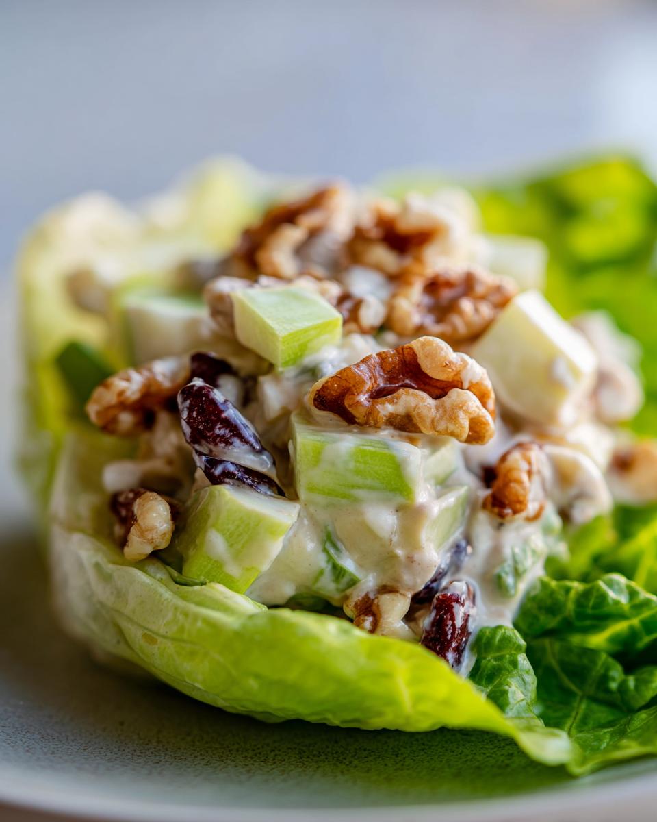 Close-up of a scoop of Classic Waldorf Salad featuring apples, walnuts, and cranberries in a crisp butter lettuce cup.