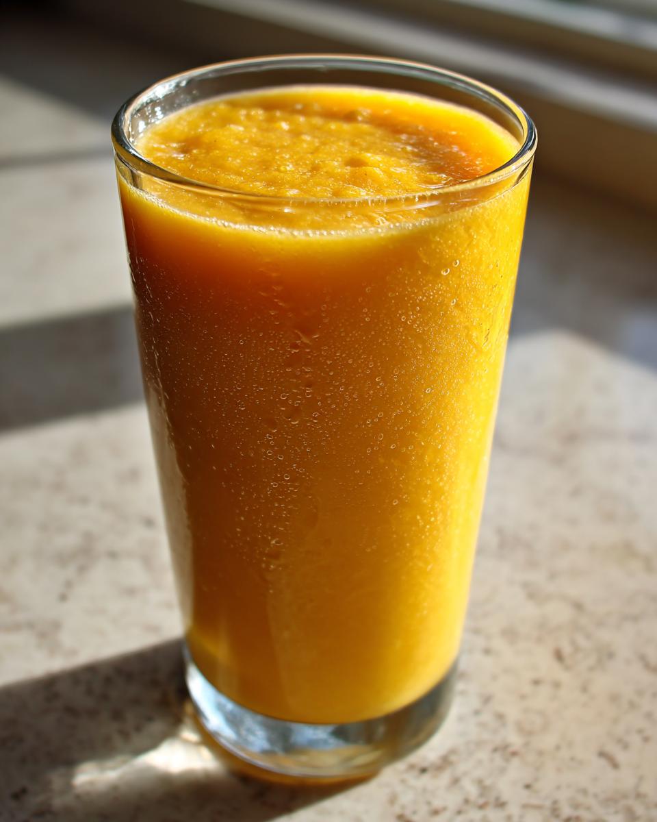 Close-up of a tall glass filled with a thick, bright orange Coconut Mango Mocktail, showing condensation on the glass.