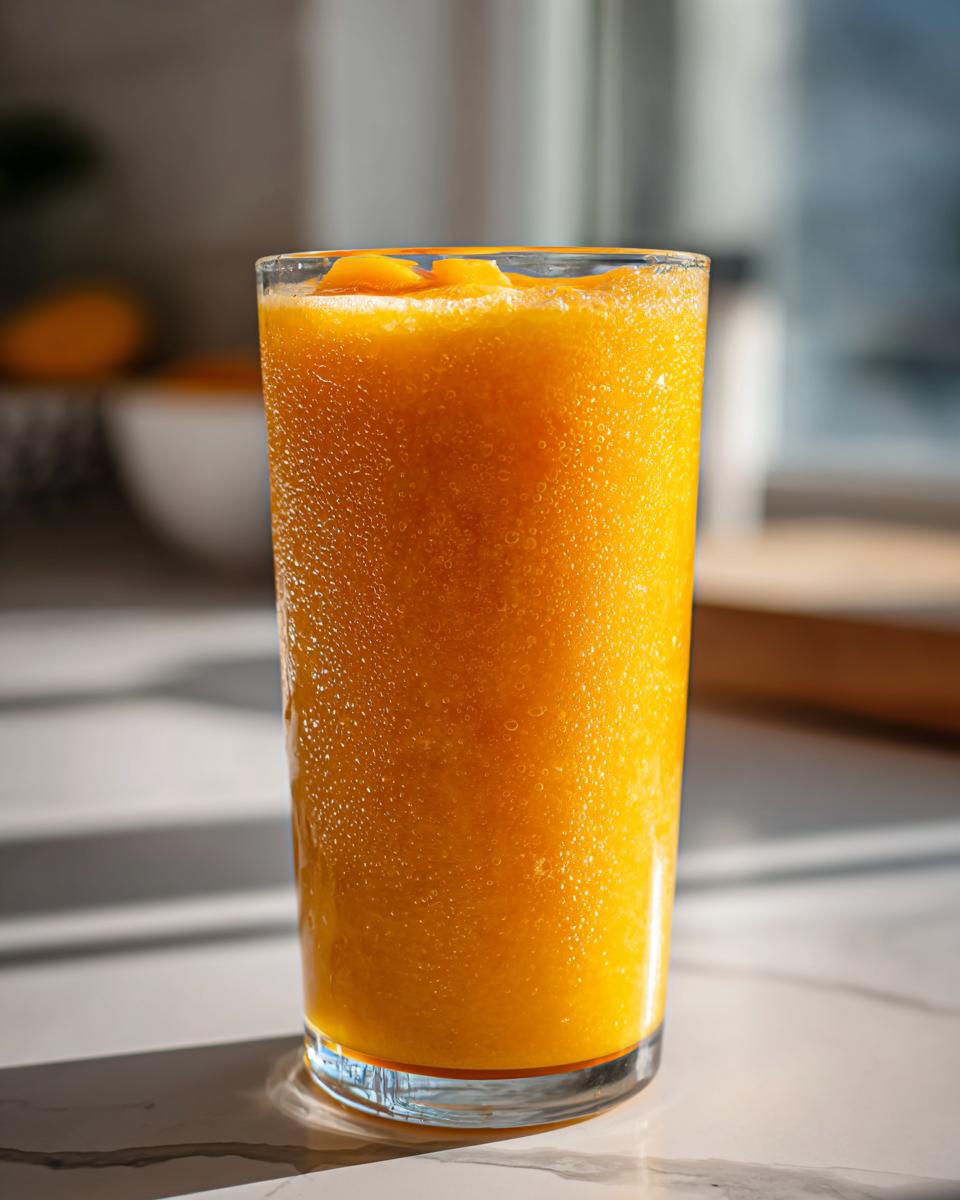 A tall glass filled with a vibrant, icy Coconut Mango Mocktail, showing condensation on the outside.