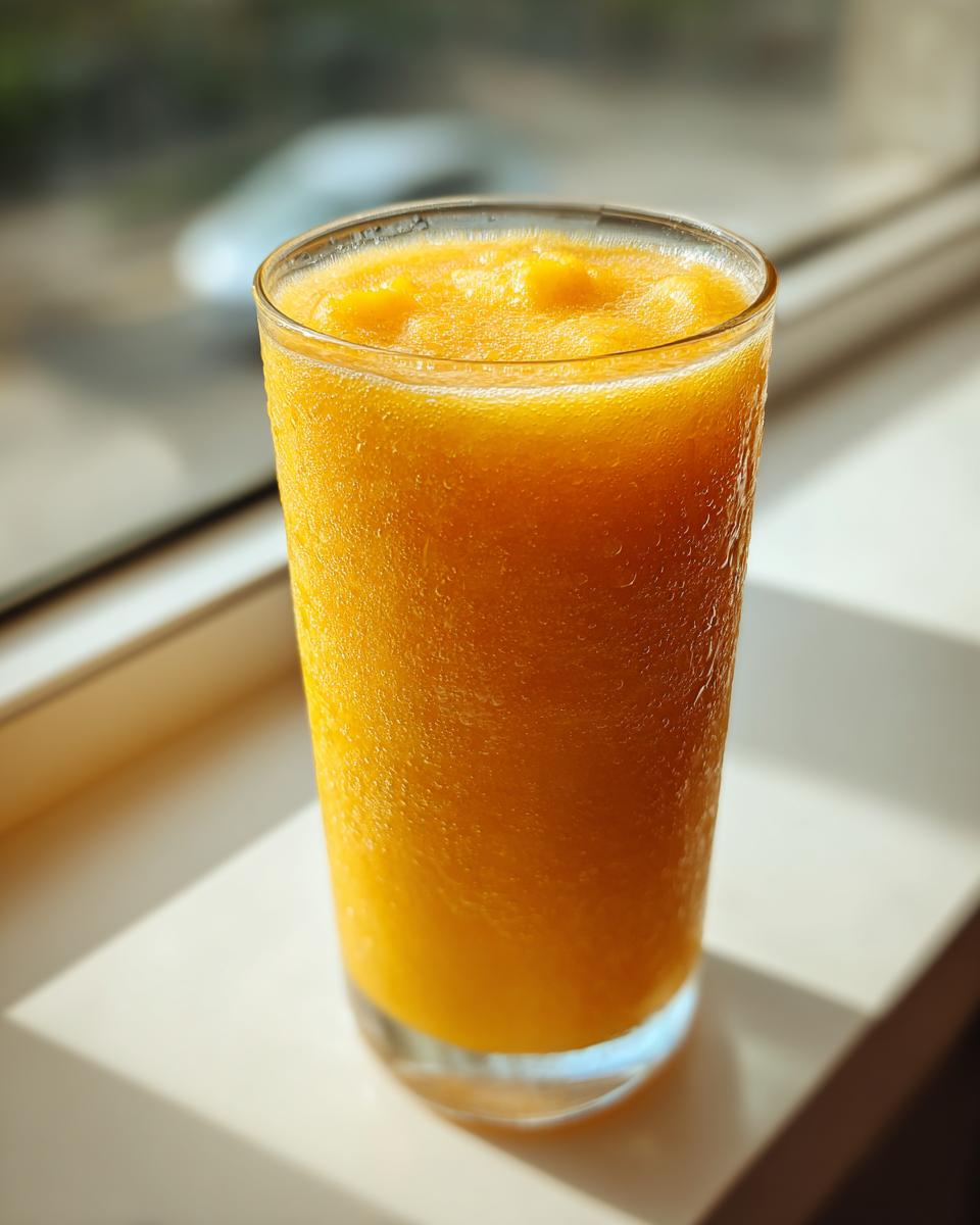 Close-up of a tall glass filled with a bright orange, icy Coconut Mango Mocktail, sitting on a sunlit windowsill.