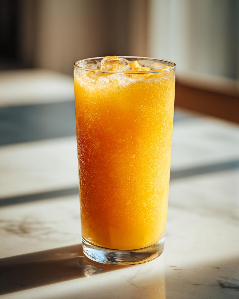 A tall glass filled with a bright orange, icy Coconut Mango Mocktail, sweating condensation.