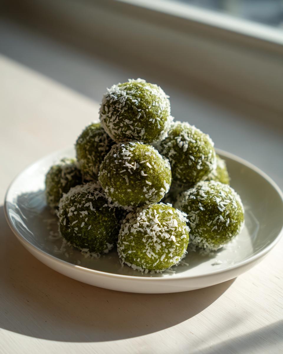 A stack of vibrant green Coconut Matcha Energy Bites rolled in shredded coconut, sitting on a white plate.
