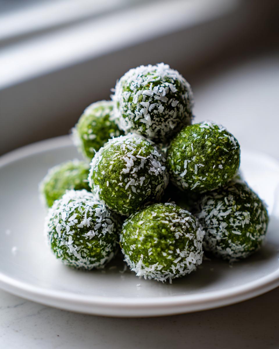 A stack of vibrant green Coconut Matcha Energy Bites rolled in shredded white coconut flakes on a white plate.