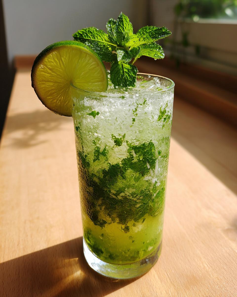 A tall glass filled with a refreshing Coconut Mojito Mocktail With Green Tea, crushed ice, mint, and a lime wheel garnish.