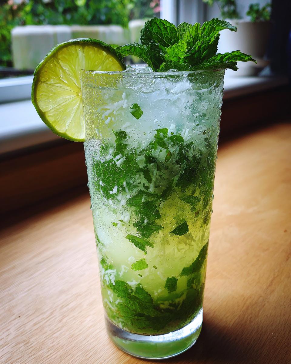 Close-up of a tall glass filled with a refreshing Coconut Mojito Mocktail With Green Tea, garnished with mint and lime.
