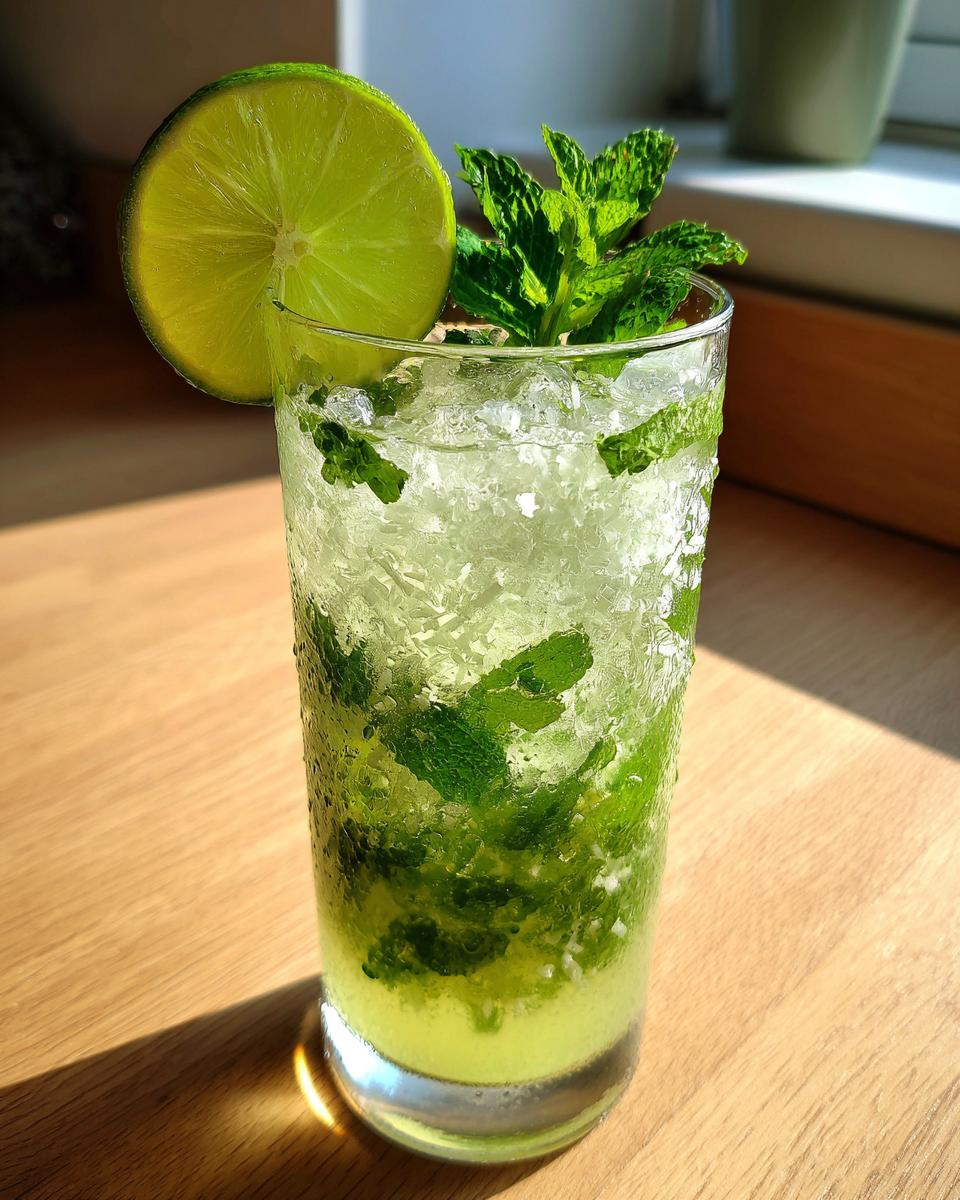 A tall glass filled with crushed ice, mint leaves, and a green liquid, garnished with a lime wheel, representing the Coconut Mojito Mocktail With Green Tea.