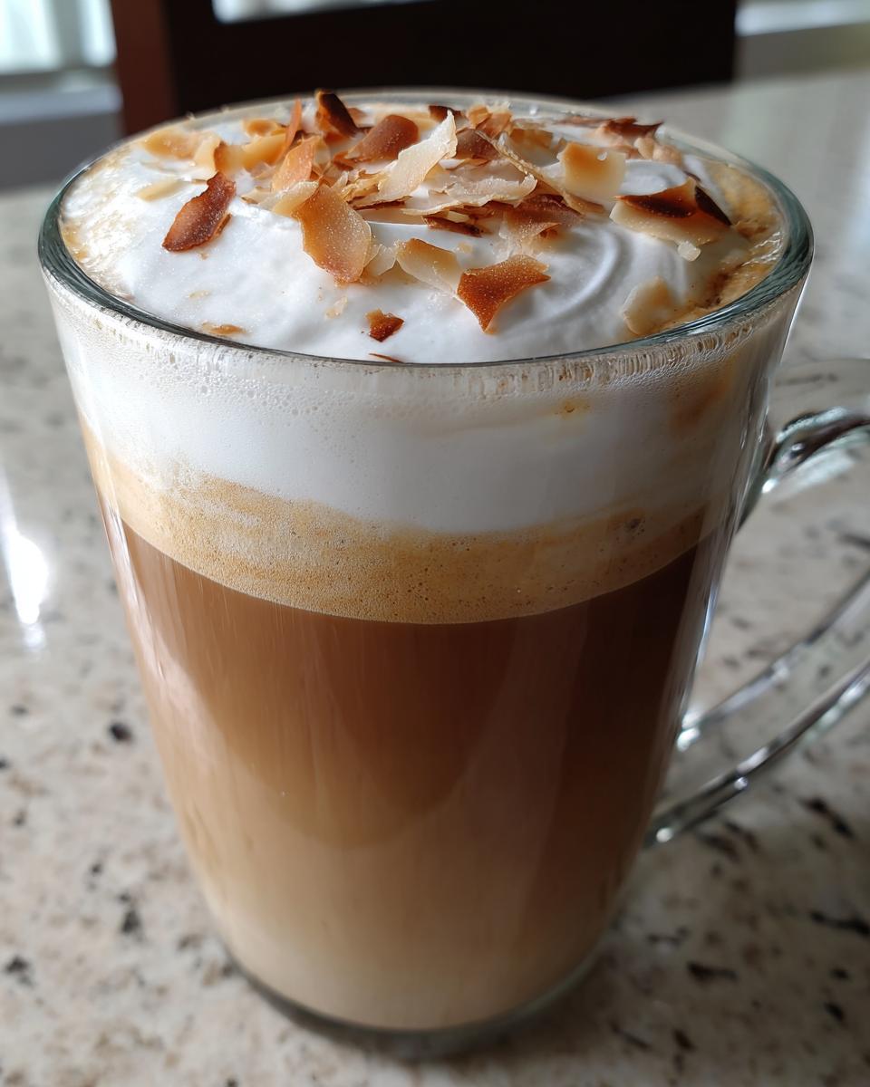 A layered Coconut Vanilla Latte in a clear glass mug, topped with whipped cream and toasted coconut flakes.