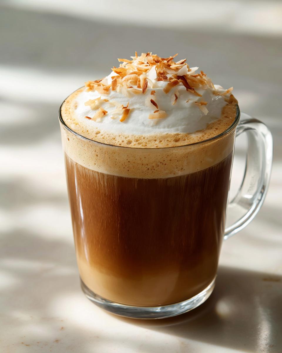 A tall glass mug filled with a layered Coconut Vanilla Latte, topped with whipped cream and toasted coconut flakes.