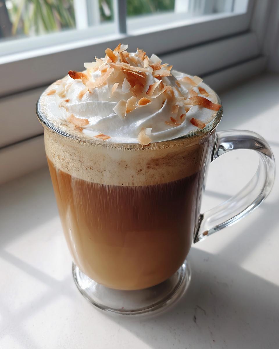 A glass mug holding a layered Coconut Vanilla Latte topped with whipped cream and toasted coconut flakes.