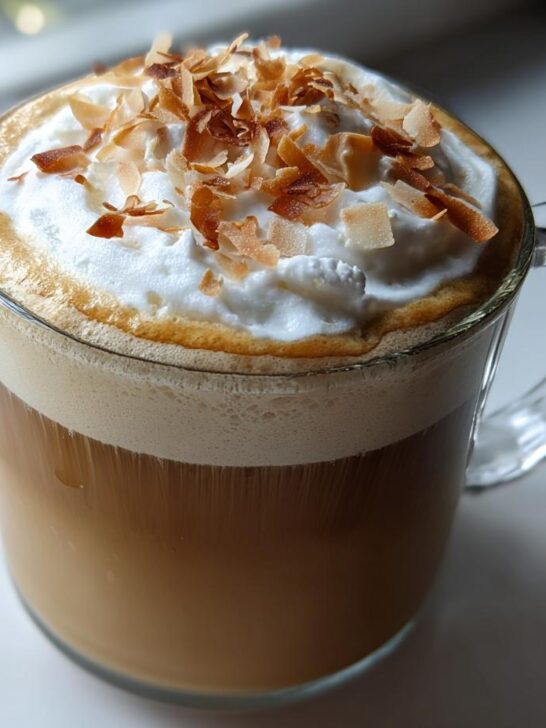 A refreshing Coconut Vanilla Latte topped with whipped cream and toasted coconut flakes in a clear mug.