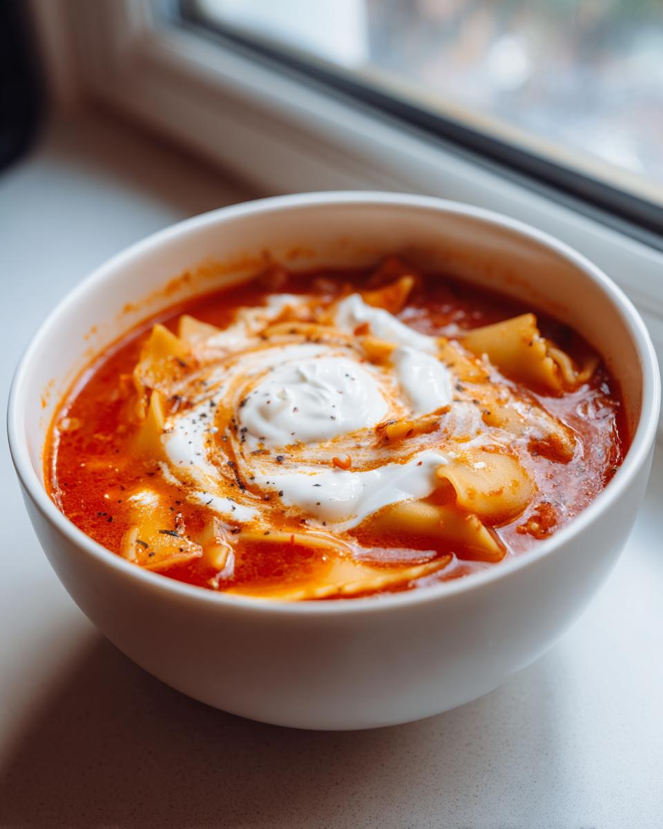 Close-up of a white bowl filled with Comforting Vegetarian Lasagna Soup, topped with a swirl of white cream and black pepper.