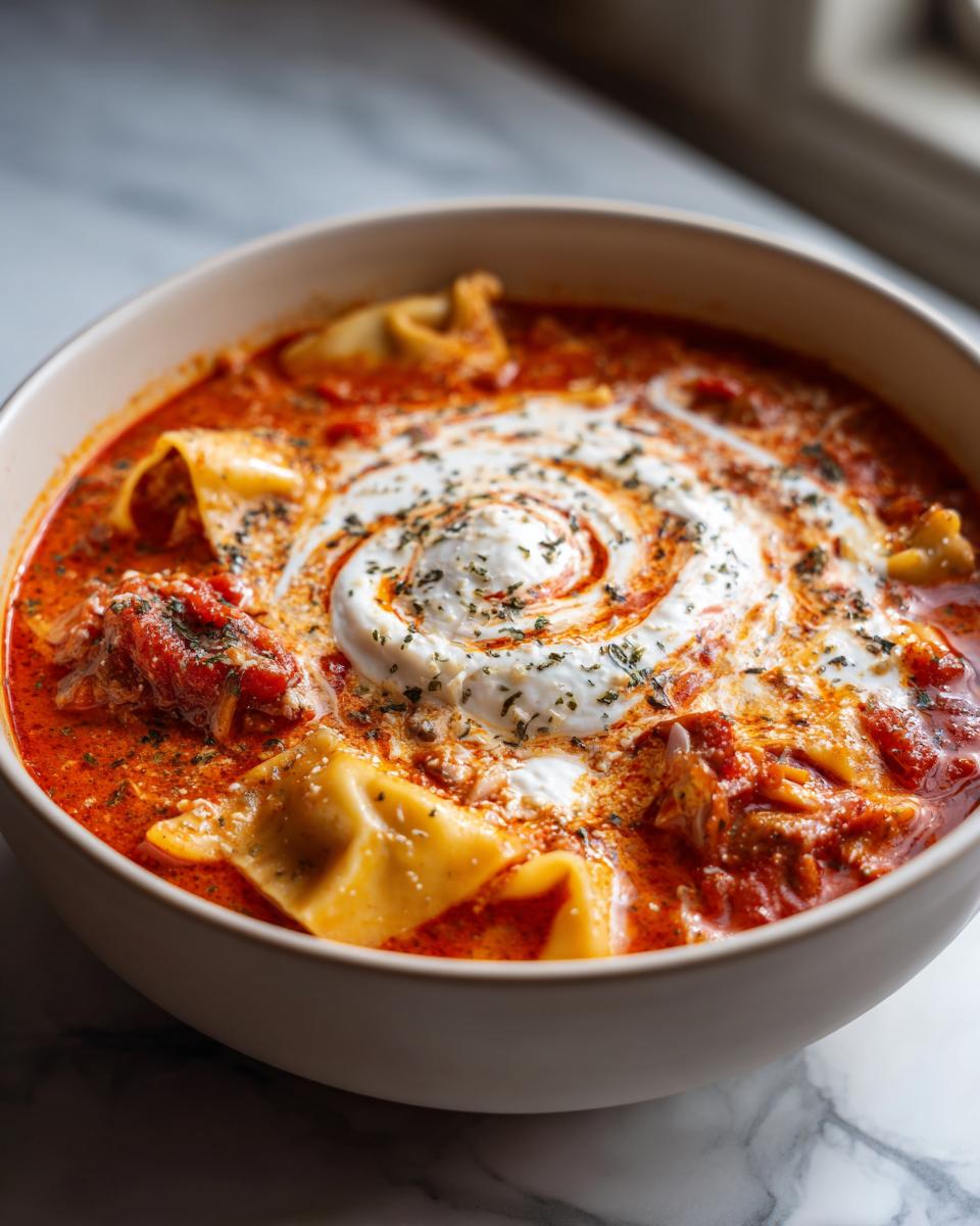 Close-up of a bowl of rich, red Comforting Vegetarian Lasagna Soup topped with a swirl of white cream and herbs.