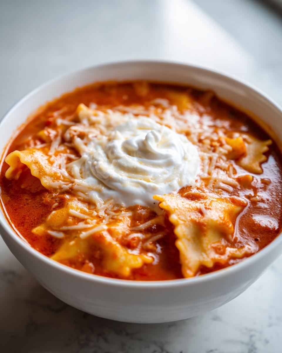 Close-up of a white bowl filled with Comforting Vegetarian Lasagna Soup, topped with ricotta and shredded cheese.