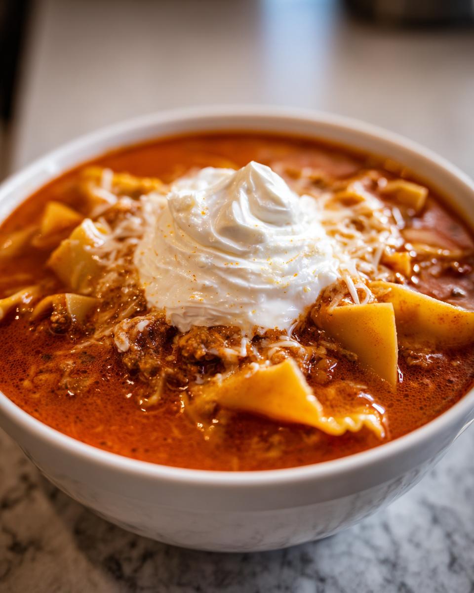 Close-up of a white bowl filled with rich red Comforting Vegetarian Lasagna Soup, topped with ricotta and shredded cheese.