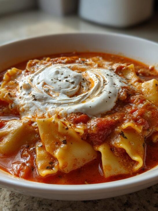 A close-up of a bowl of Comforting Vegetarian Lasagna Soup topped with a swirl of ricotta cheese and herbs.