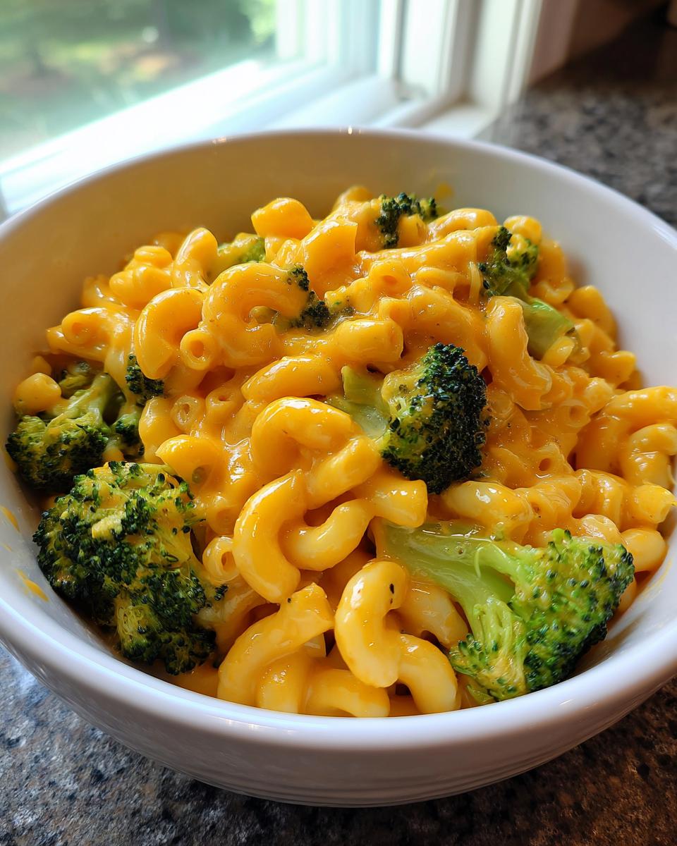 A close-up of creamy Copycat Velveeta Broccoli Mac Cheese served in a white bowl.