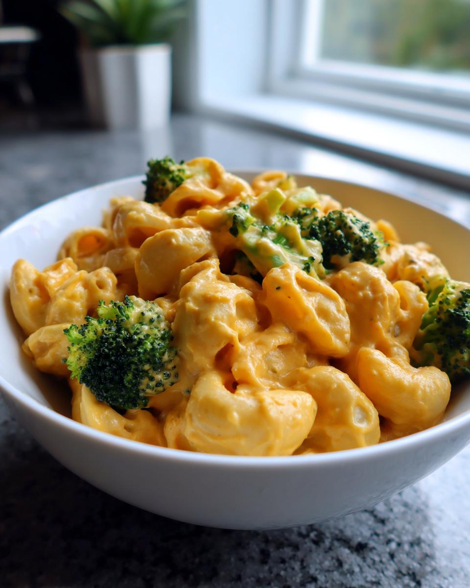 A close-up of a white bowl filled with creamy Copycat Velveeta Broccoli Mac Cheese, featuring elbow macaroni and bright green broccoli florets.