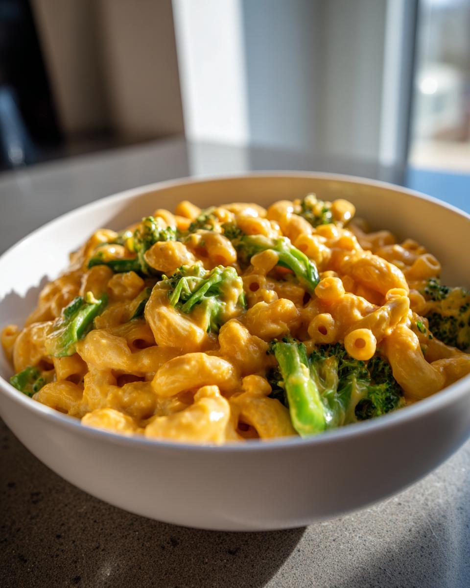 Close-up of a white bowl filled with creamy Copycat Velveeta Broccoli Mac Cheese, featuring elbow macaroni and bright green broccoli florets.