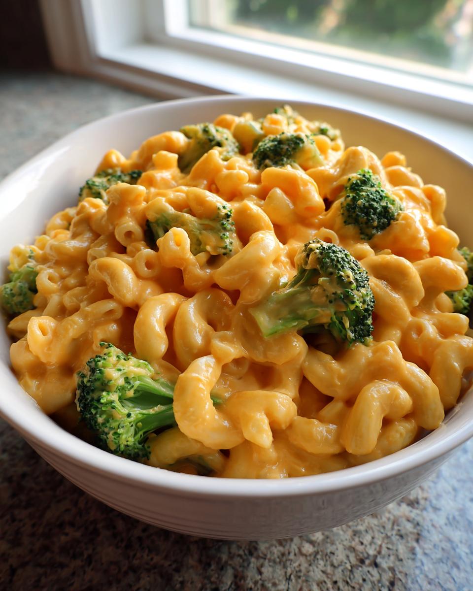 A close-up of creamy Copycat Velveeta Broccoli Mac Cheese served in a white bowl near a window.