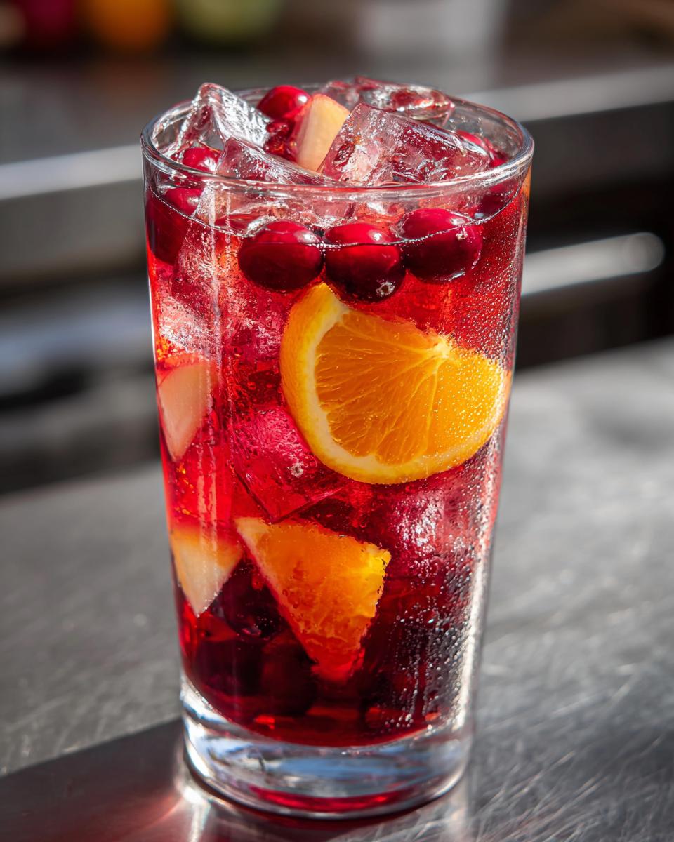 Close-up of a tall glass filled with Cranberry Apple Cider Orange Sangria, ice, cranberries, and orange slices.