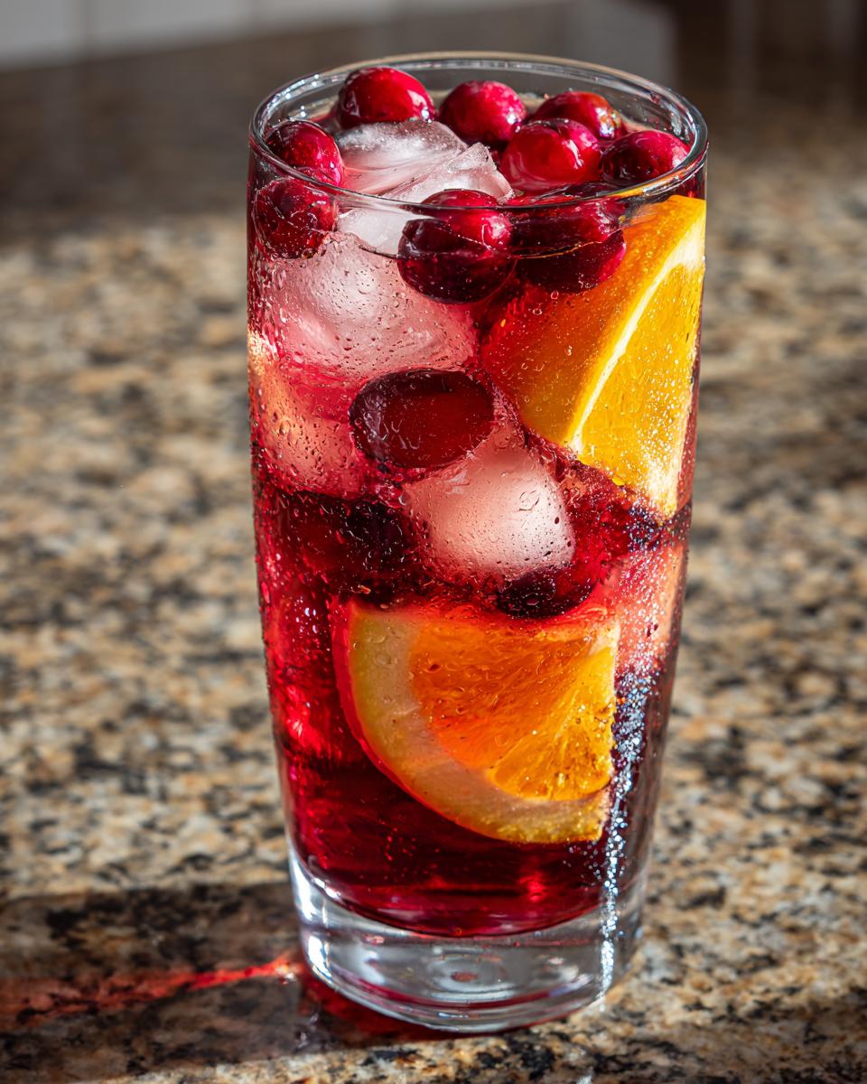 Tall glass filled with Cranberry Apple Cider Orange Sangria, ice, fresh cranberries, and orange slices.