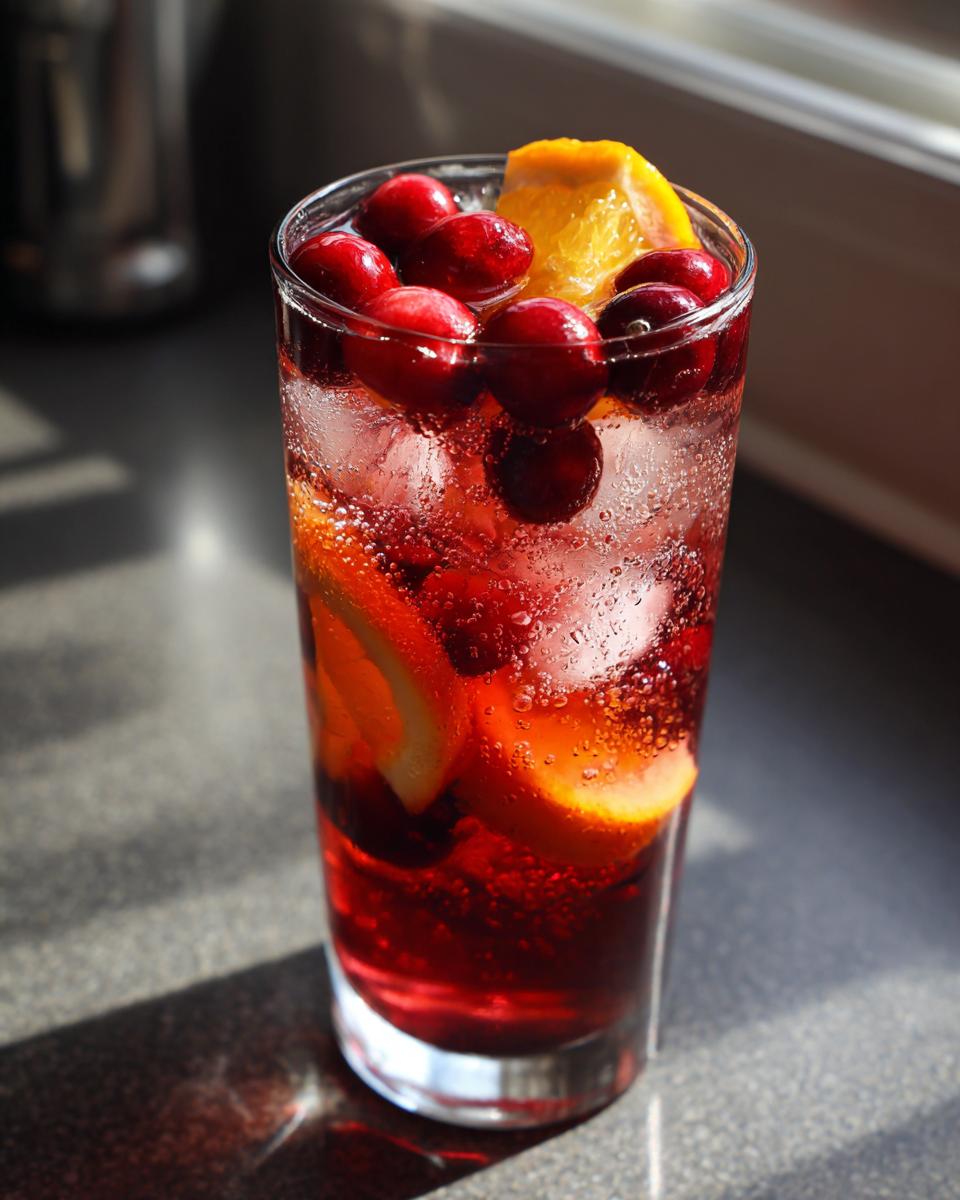 A tall glass filled with bright red Cranberry Apple Cider Orange Sangria, ice, fresh cranberries, and orange slices.