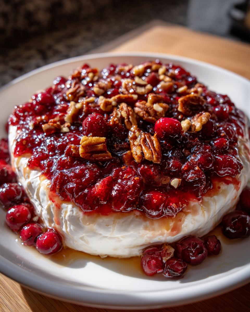 A wheel of baked brie cheese generously topped with glistening cranberry sauce and chopped pecans, ready to serve.