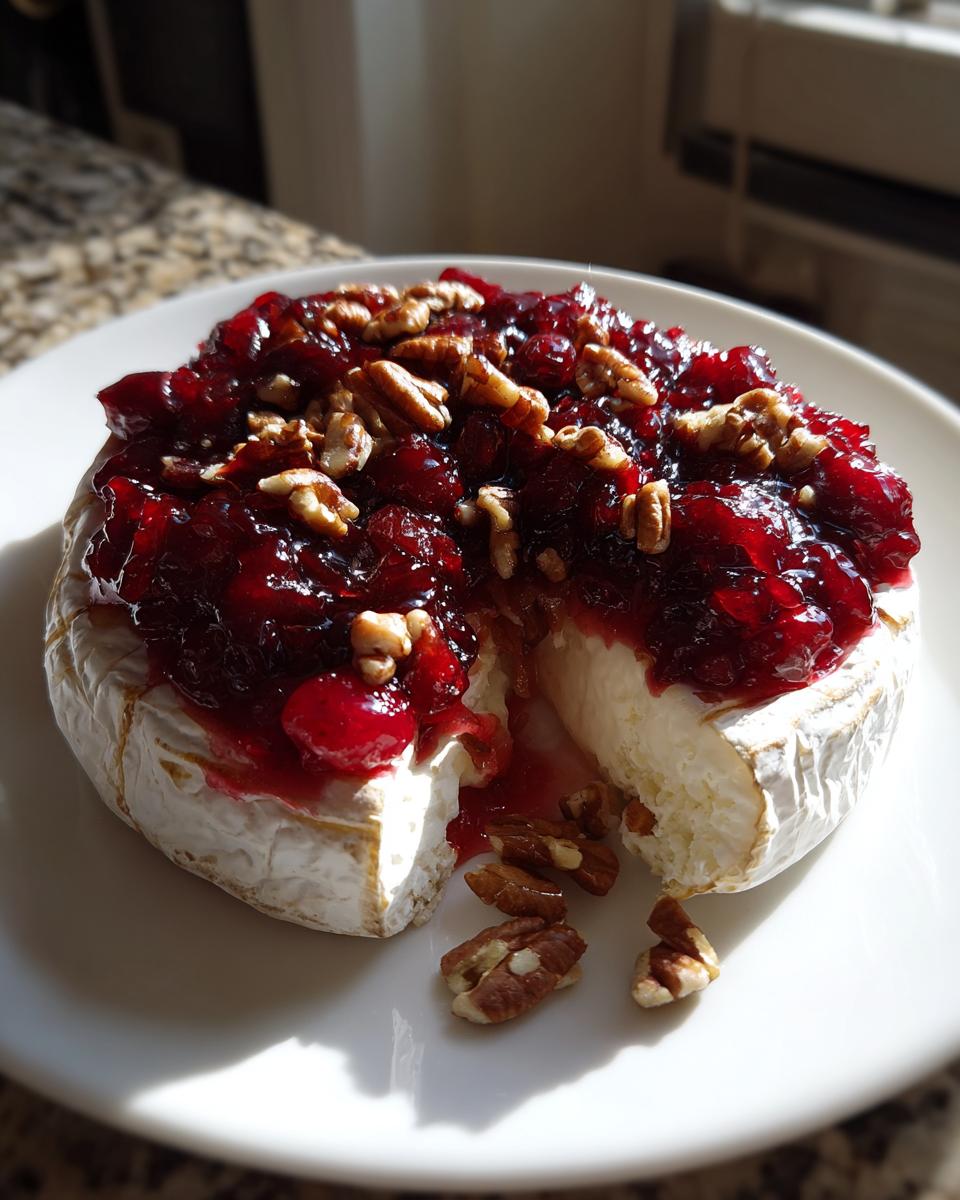 A wheel of baked brie cheese topped with glistening cranberry sauce and pecans, with a slice cut out.