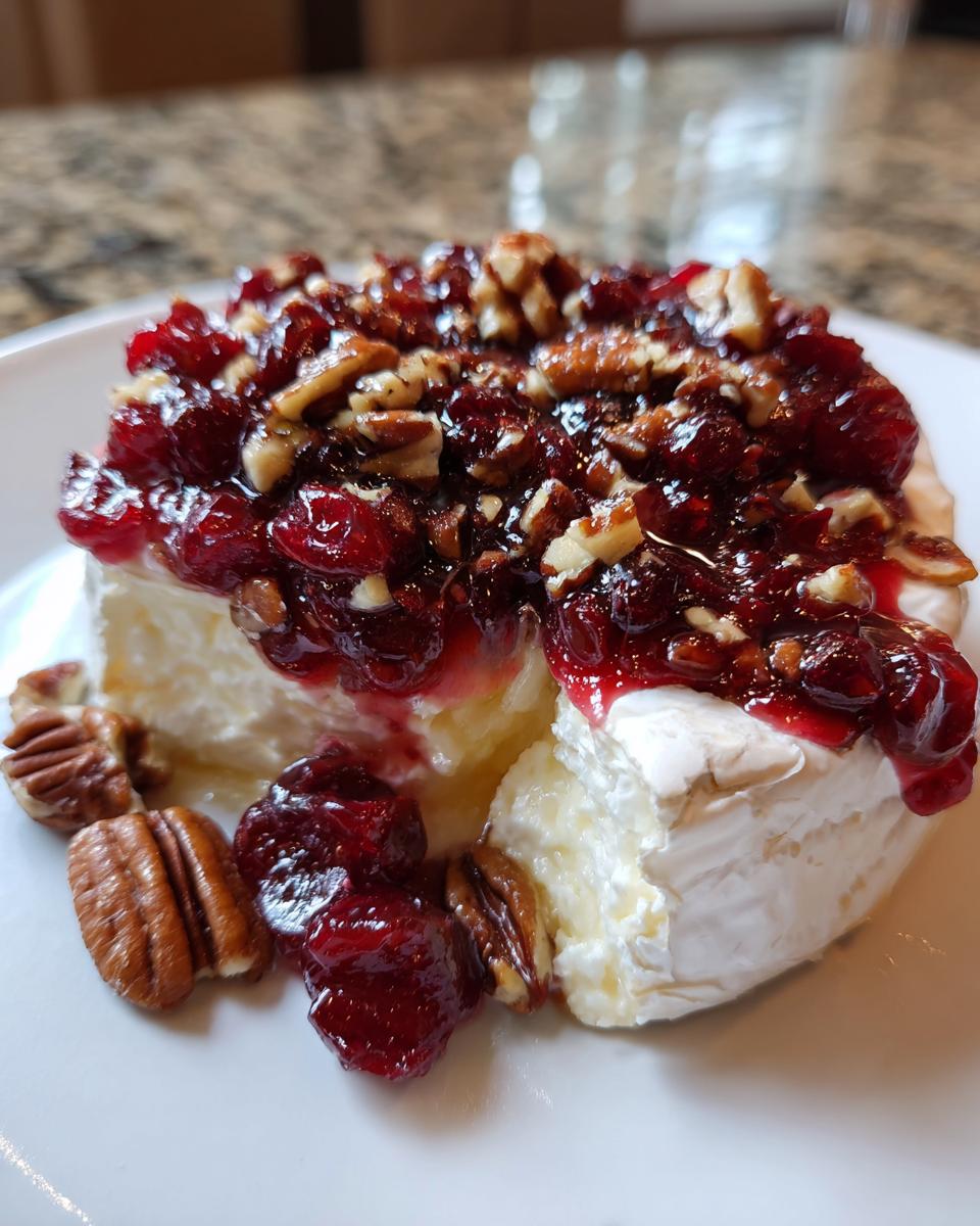 Close-up of baked brie cheese topped generously with dark red cranberry sauce and chopped pecans.