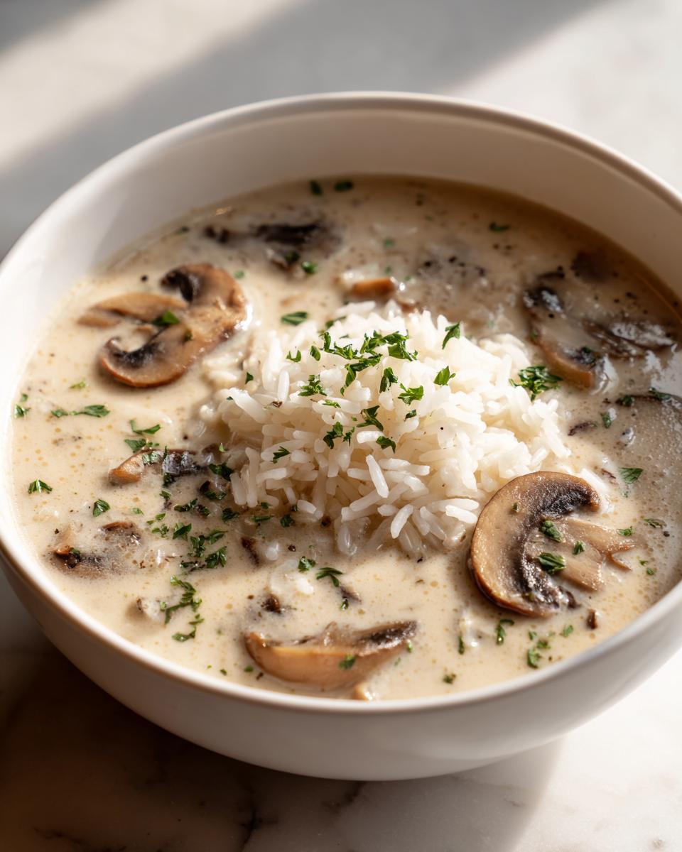 A close-up of a hearty bowl of Cream Of Mushroom Soup With Rice, topped with fresh parsley.