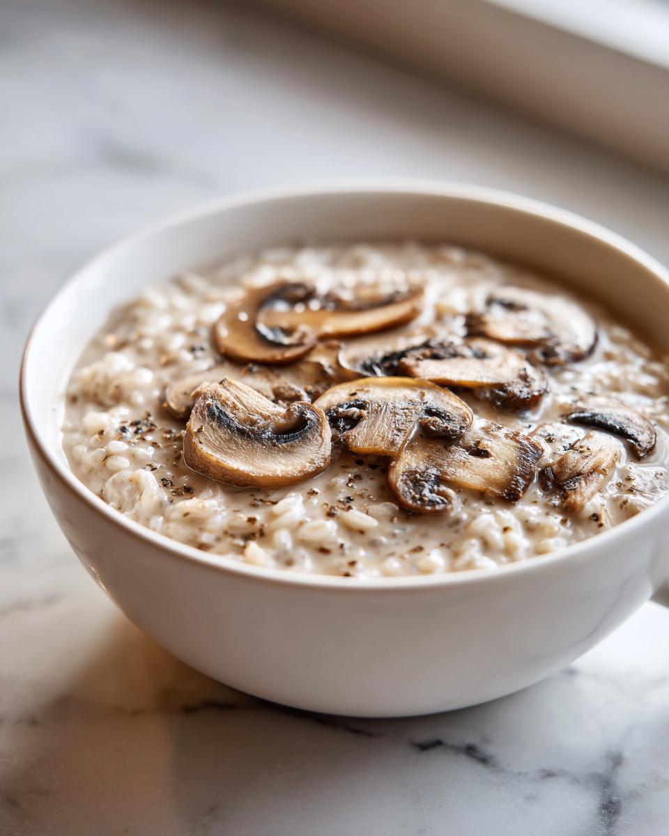 Close-up of a white bowl filled with creamy Cream Of Mushroom Soup With Rice, garnished with sliced, saut&eacute;ed mushrooms and black pepper.