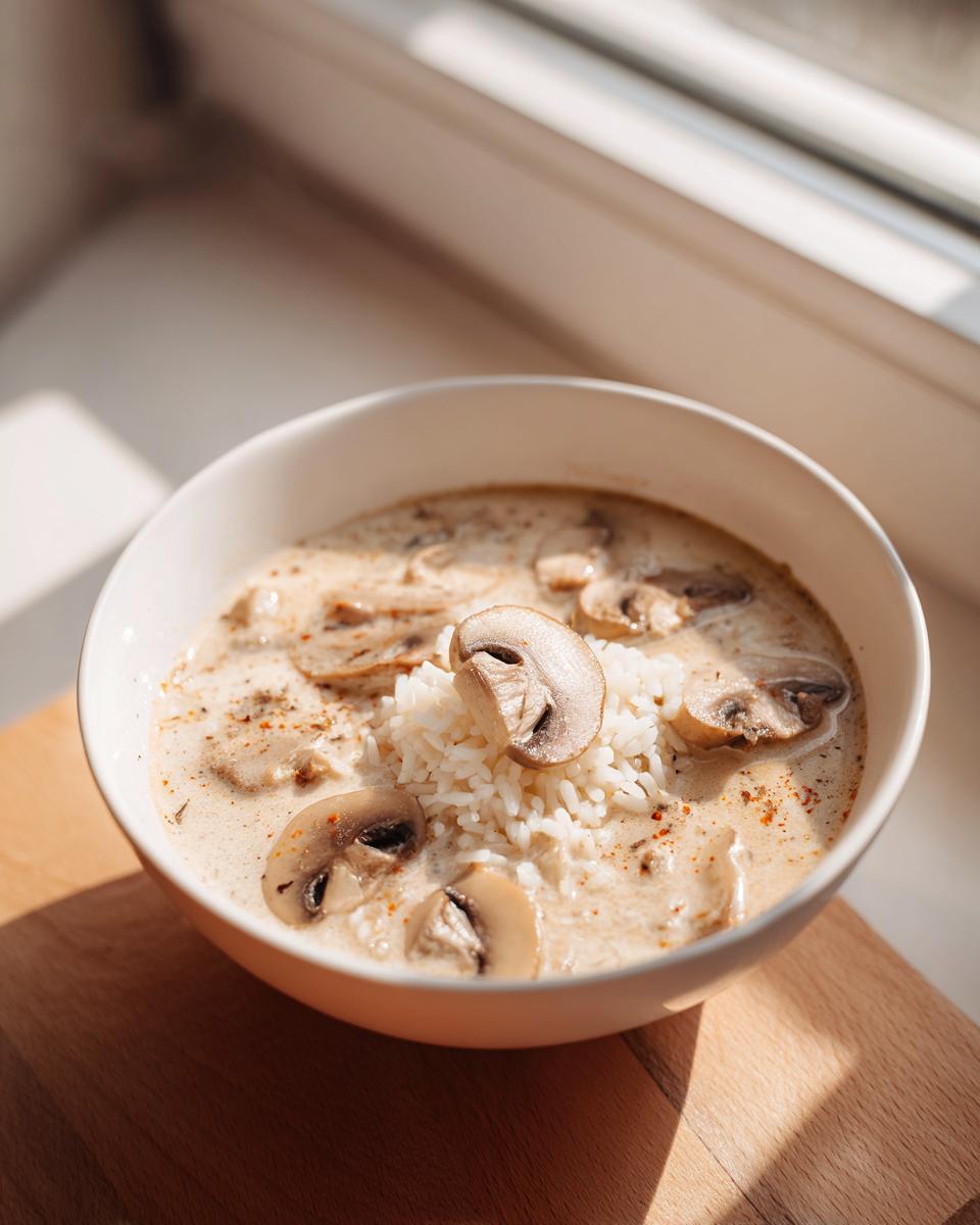 A bowl of creamy Cream Of Mushroom Soup With Rice topped with sliced mushrooms and paprika.