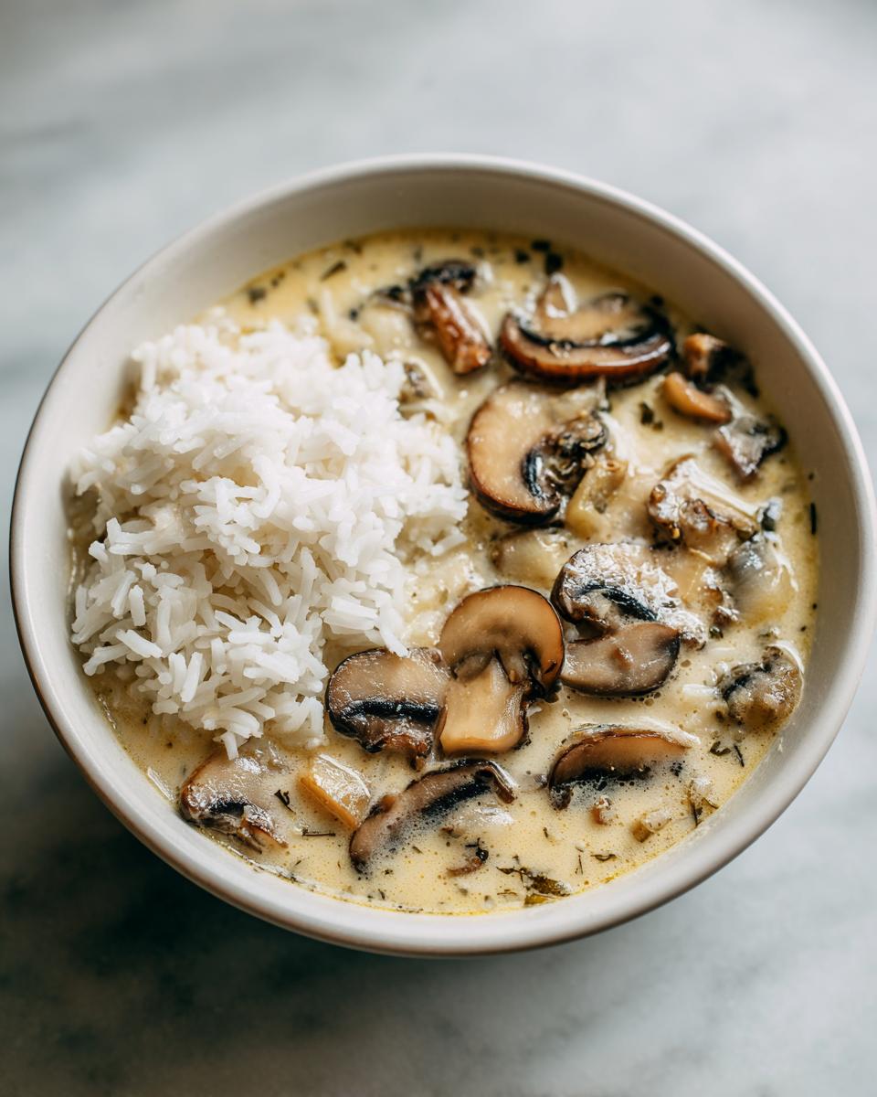 A close-up overhead shot of Cream Of Mushroom Soup With Rice served in a light-colored bowl.