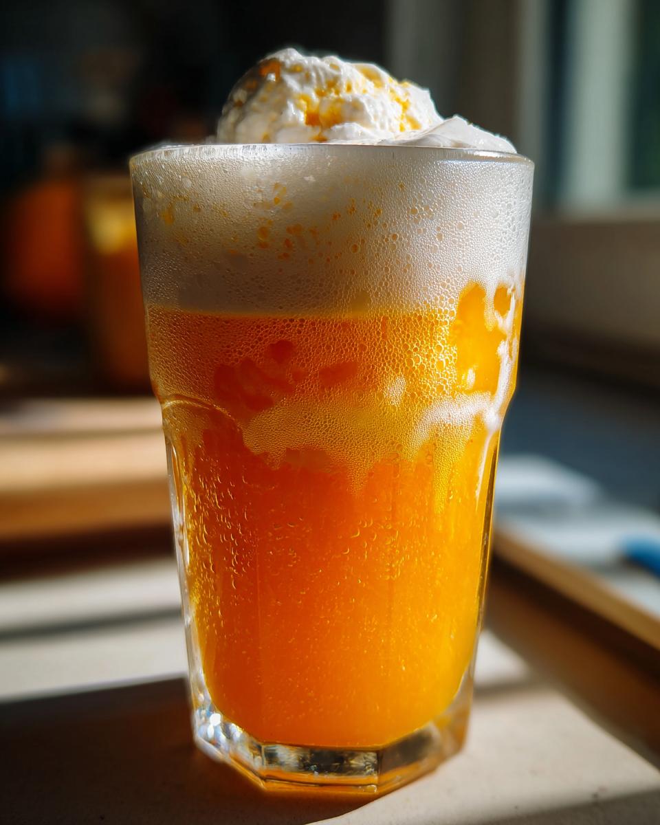Close-up of a fizzy orange Creamsicle Ice Cream Soda topped with a scoop of vanilla ice cream.