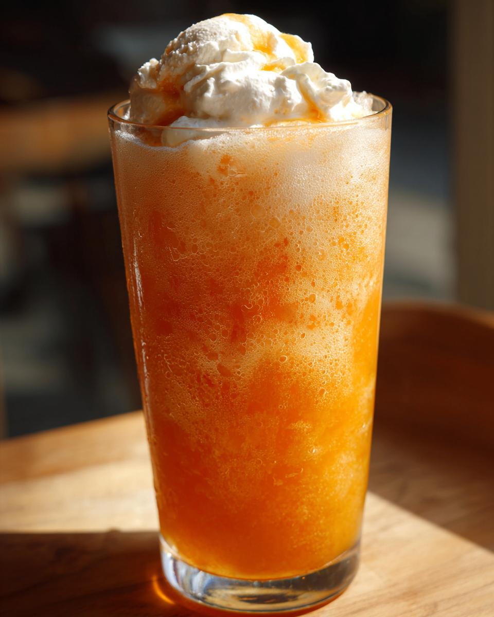 Close-up of a tall glass filled with a fizzy orange Creamsicle Ice Cream Soda topped with vanilla ice cream and whipped cream.