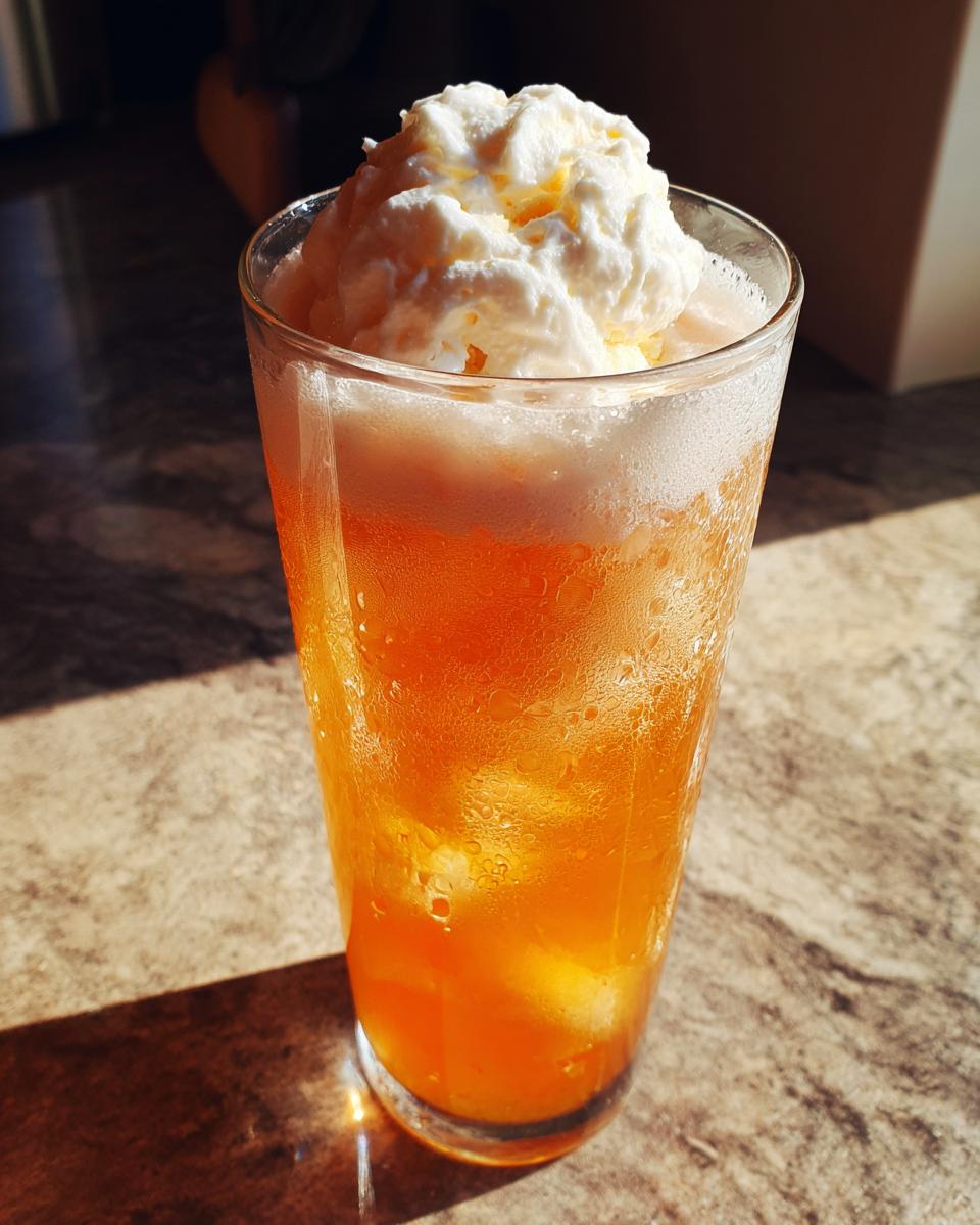 A tall, frosty glass filled with an orange Creamsicle Ice Cream Sodas, topped generously with whipped cream.