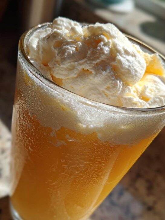Close-up of a tall glass filled with a bright orange Creamsicle Ice Cream Sodas, topped generously with whipped cream.