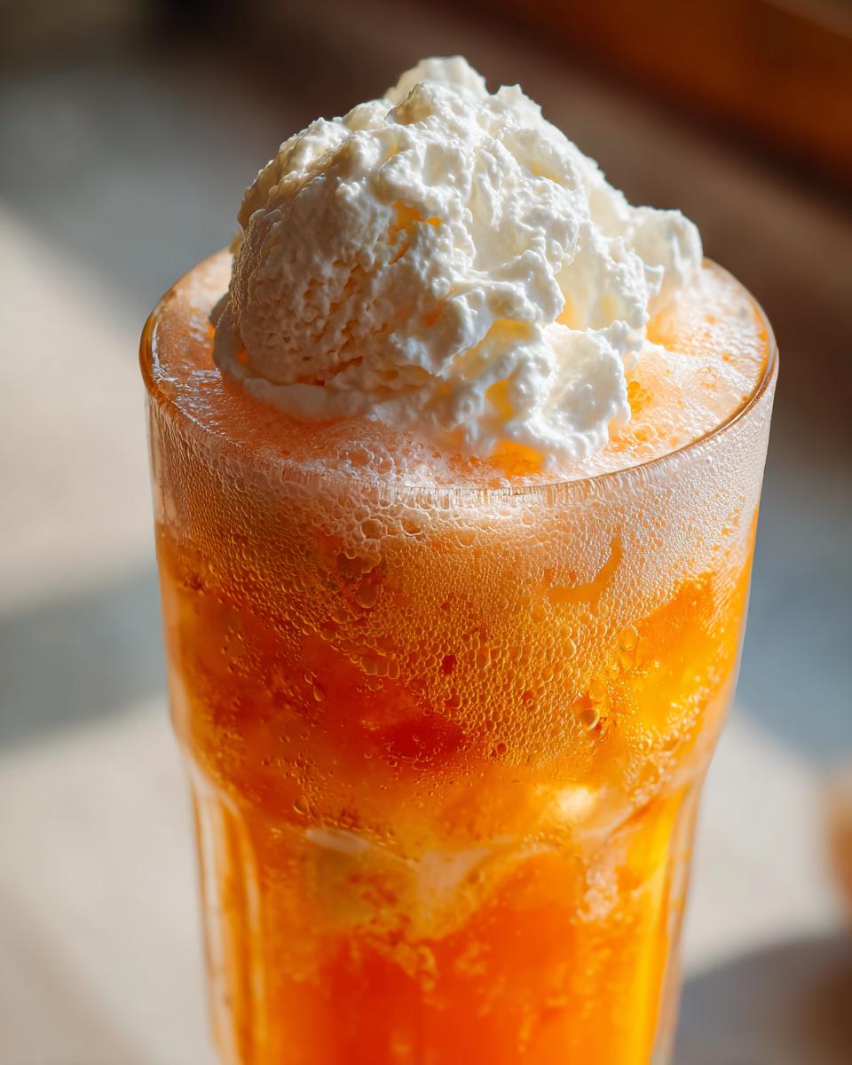 Close-up of a frosty glass filled with an orange Creamsicle Ice Cream Sodas, topped with a scoop of vanilla ice cream or whipped cream.