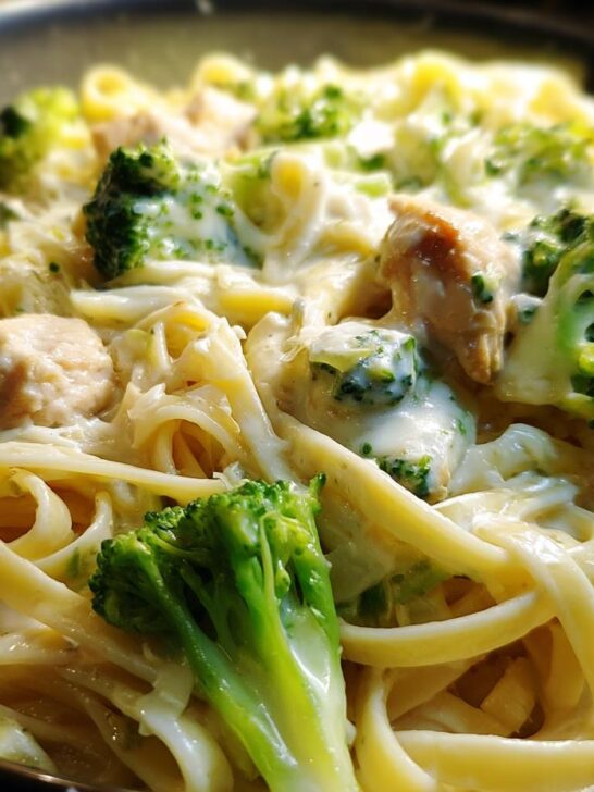 Close-up shot of freshly made Creamy Broccoli Chicken Alfredo pasta with fettuccine, chicken chunks, and bright green broccoli florets.