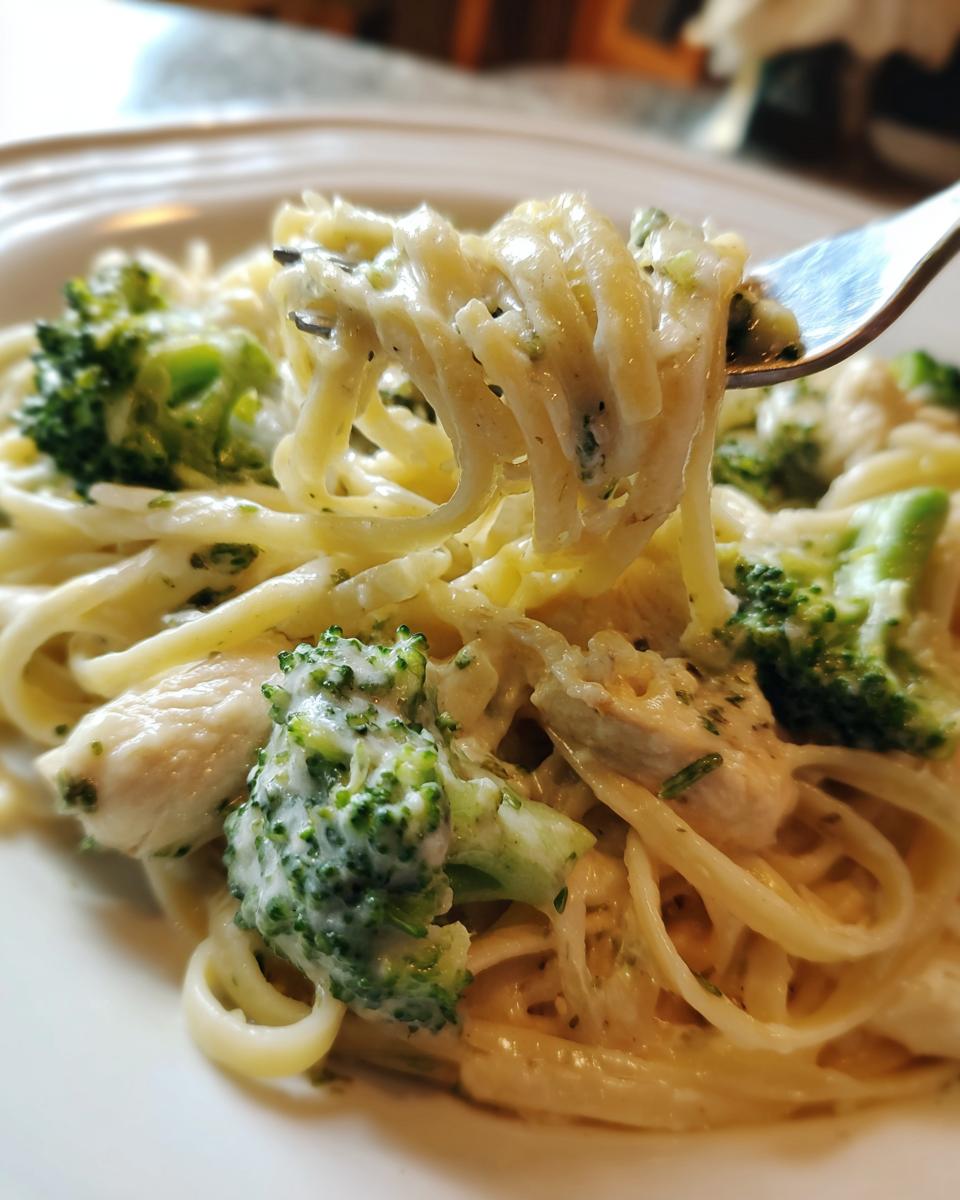 A fork lifts a twirl of fettuccine coated in sauce from a plate of Creamy Broccoli Chicken Alfredo.