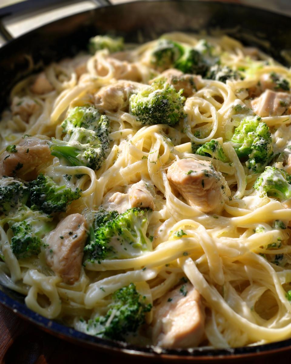 Close-up of tender chicken pieces and bright green broccoli florets tossed in fettuccine pasta with a rich sauce for Creamy Broccoli Chicken Alfredo.