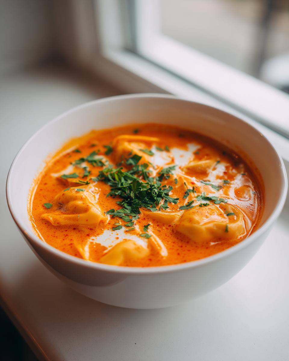 A close-up of a white bowl filled with bright orange Creamy Cajun Pumpkin Tortellini Soup, topped with cream swirls and fresh parsley.
