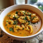 Close-up of a white bowl filled with rich, orange Creamy Cajun Pumpkin Tortellini Soup, topped with fresh parsley.