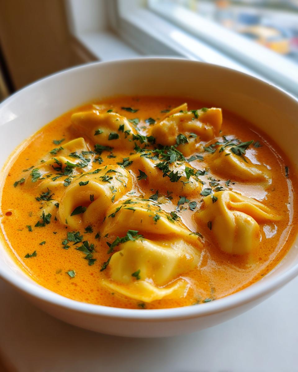 Close-up of a white bowl filled with Creamy Cajun Pumpkin Tortellini Soup, garnished with fresh parsley.